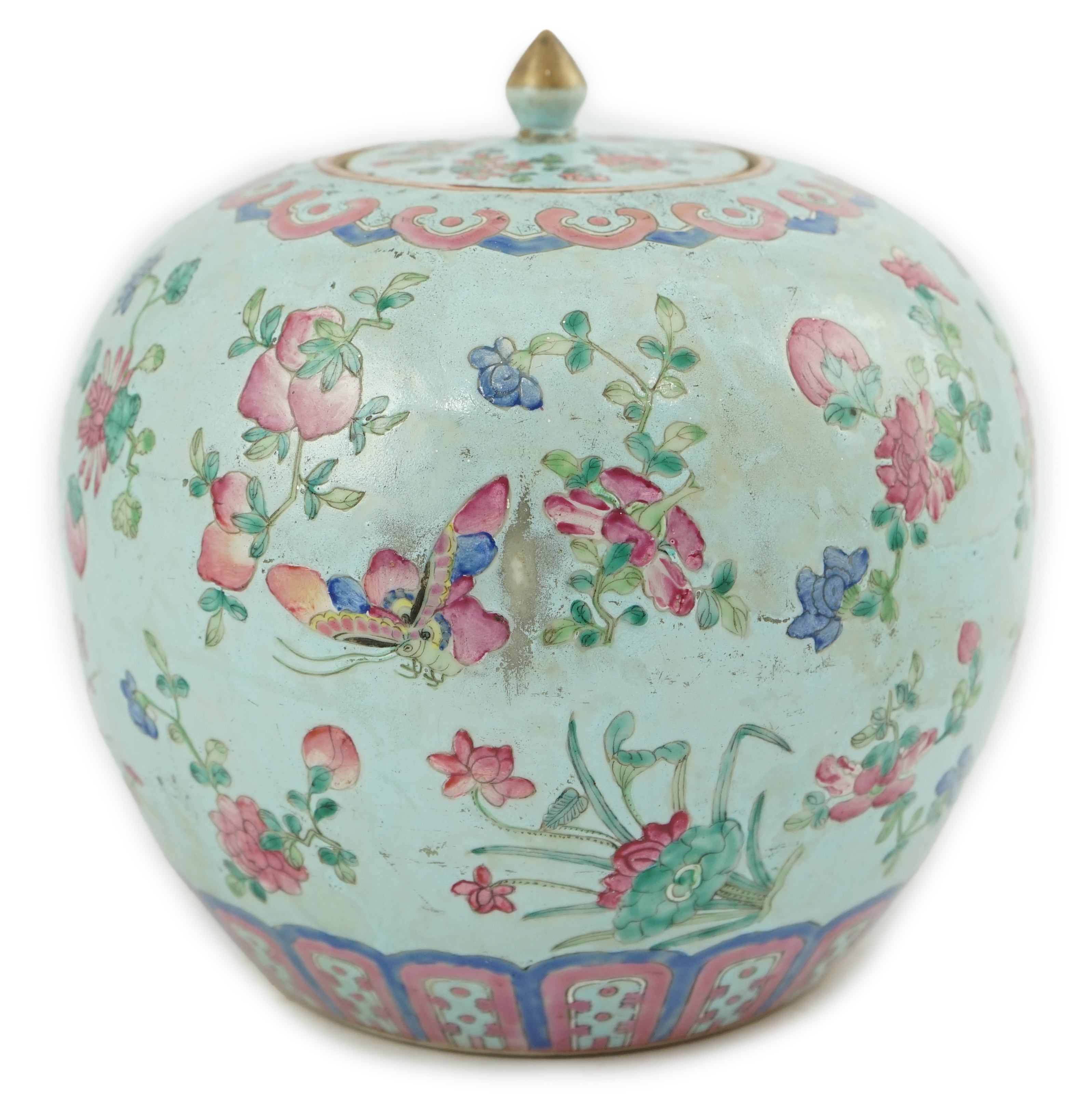 A Chinese turquoise ground famille rose jar and cover, late 19th century